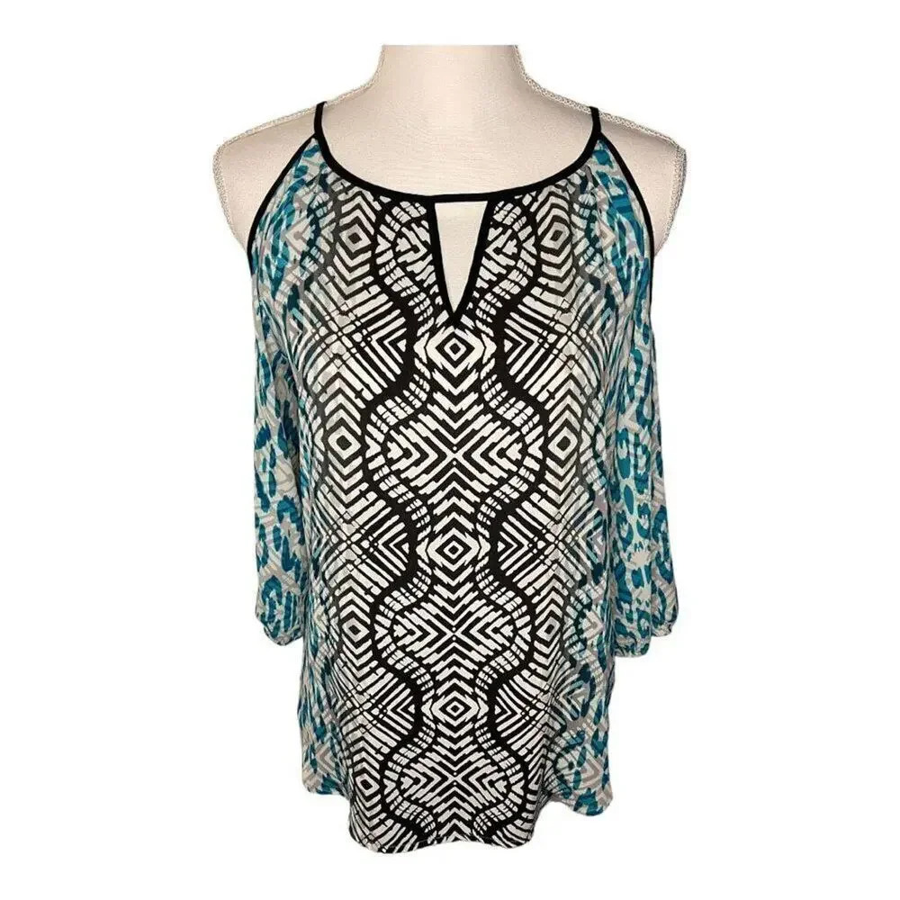 Apt. 9 Women’s XS Multicolored Cold Shoulder Blouse‎ with Keyhole Neckline
